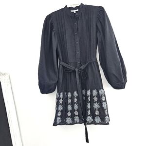 Karina Grimaldi Black Pintuck Linen Embroidery Blue & White Bishop Sleeve Dress